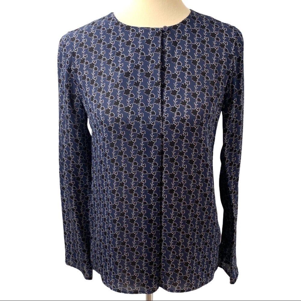 Theory Silk Split Neck Print Popover Long Sleeve Career Business Top Small - Picture 9 of 11